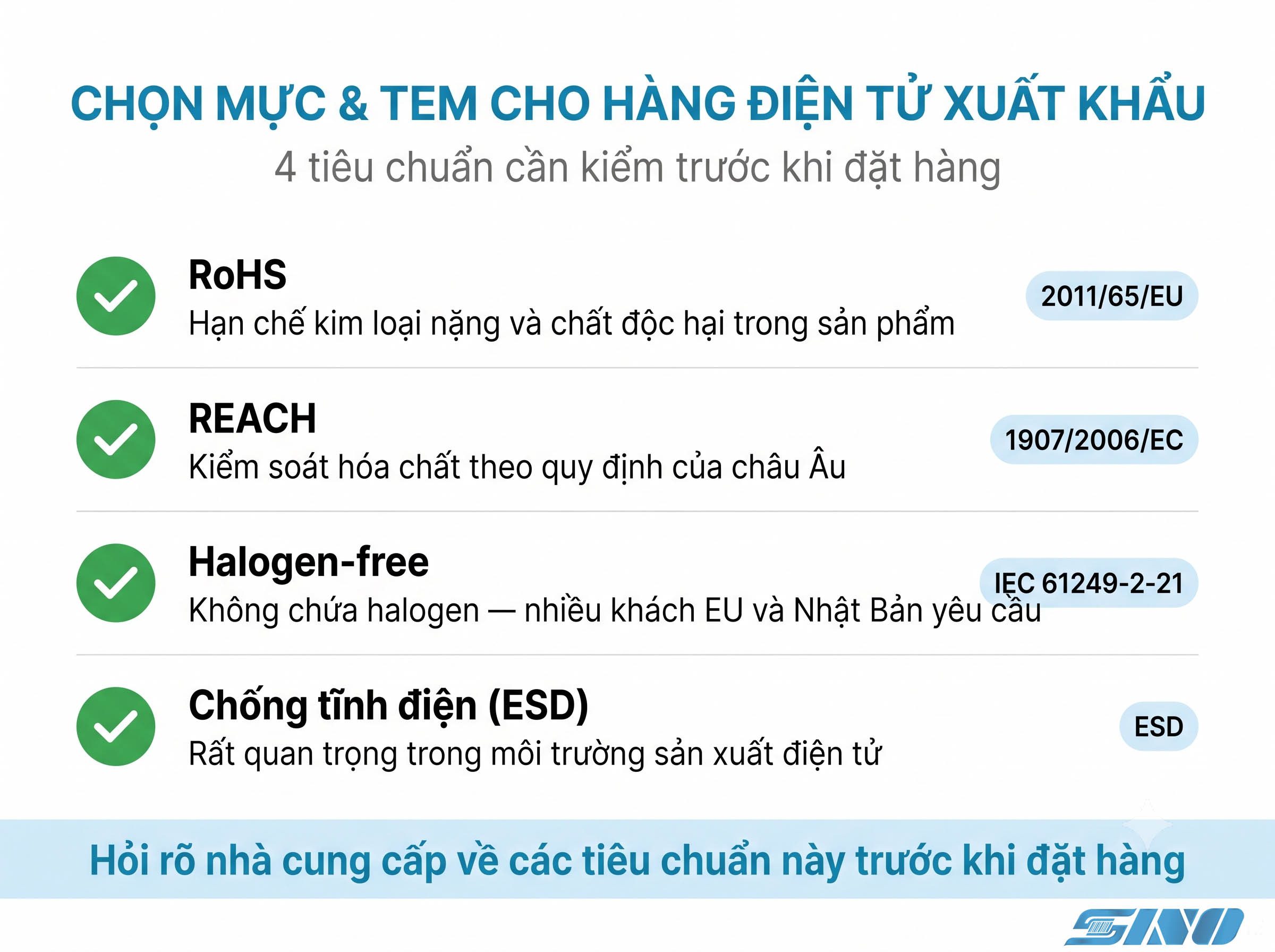 Các tiêu chuẩn RoHS, REACH, halogen-free cho tem nhãn điện tử xuất khẩu